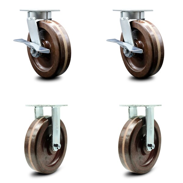 8 Inch Kingpinless High Temp Phenolic Wheel Caster Brakes 2 Rigid SCC, 2PK